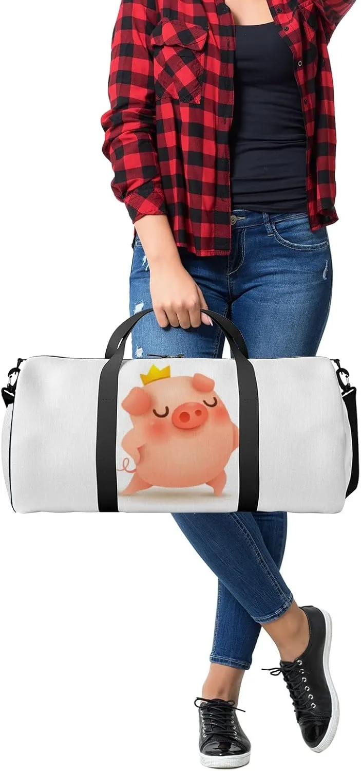 Gym Bag Sports Travel Bag Cute Piggy Crown Weekender Bags with 2 Side Pocket Lightweight Waterproof Polyester Tote Bag for Swimming Yoga Women Men 9x17.6inch