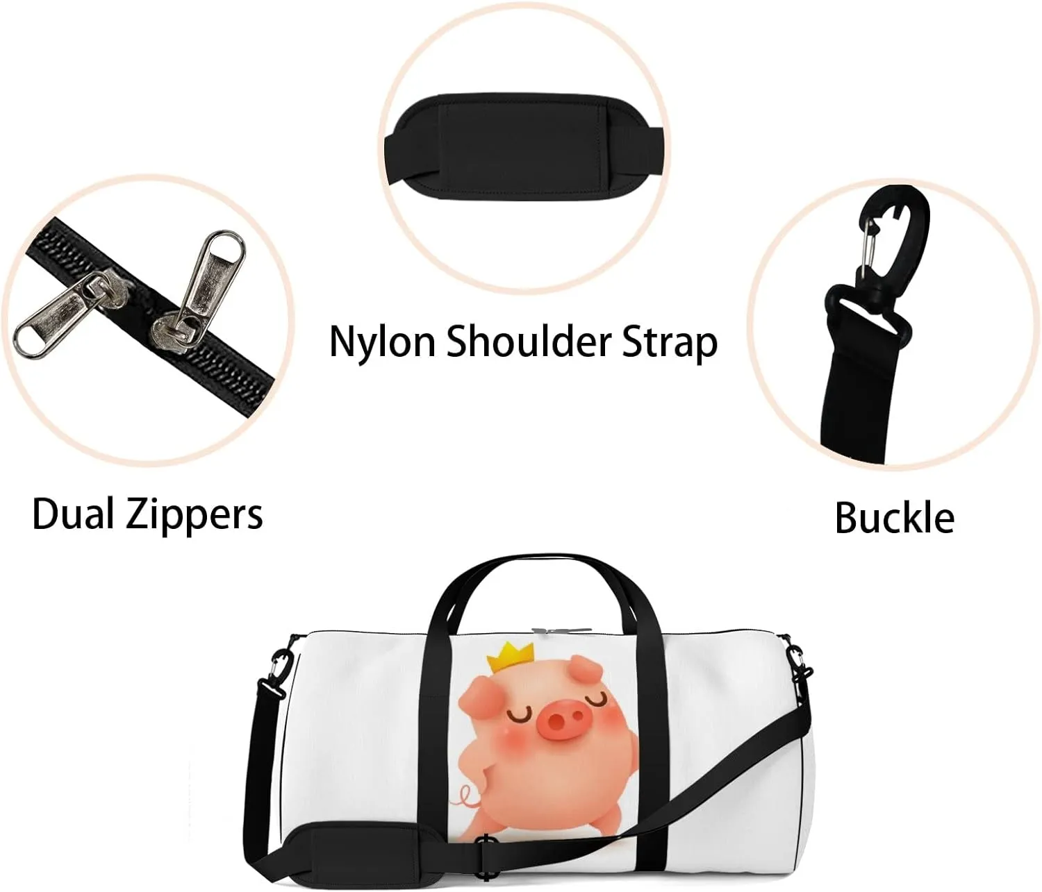 Gym Bag Sports Travel Bag Cute Piggy Crown Weekender Bags with 2 Side Pocket Lightweight Waterproof Polyester Tote Bag for Swimming Yoga Women Men 9x17.6inch