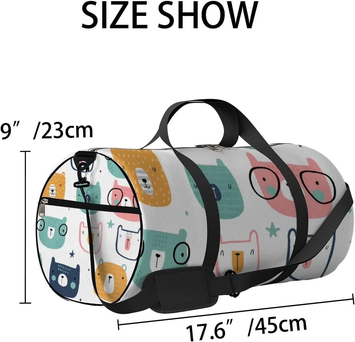 Gym Bag Sports Travel Bag Funny Bears Glassess Pink Yellow Blue Weekender Bags with 2 Side Pocket Lightweight Waterproof Polyester Tote Bag for Swimming Yoga Women Men 9x17.6inch