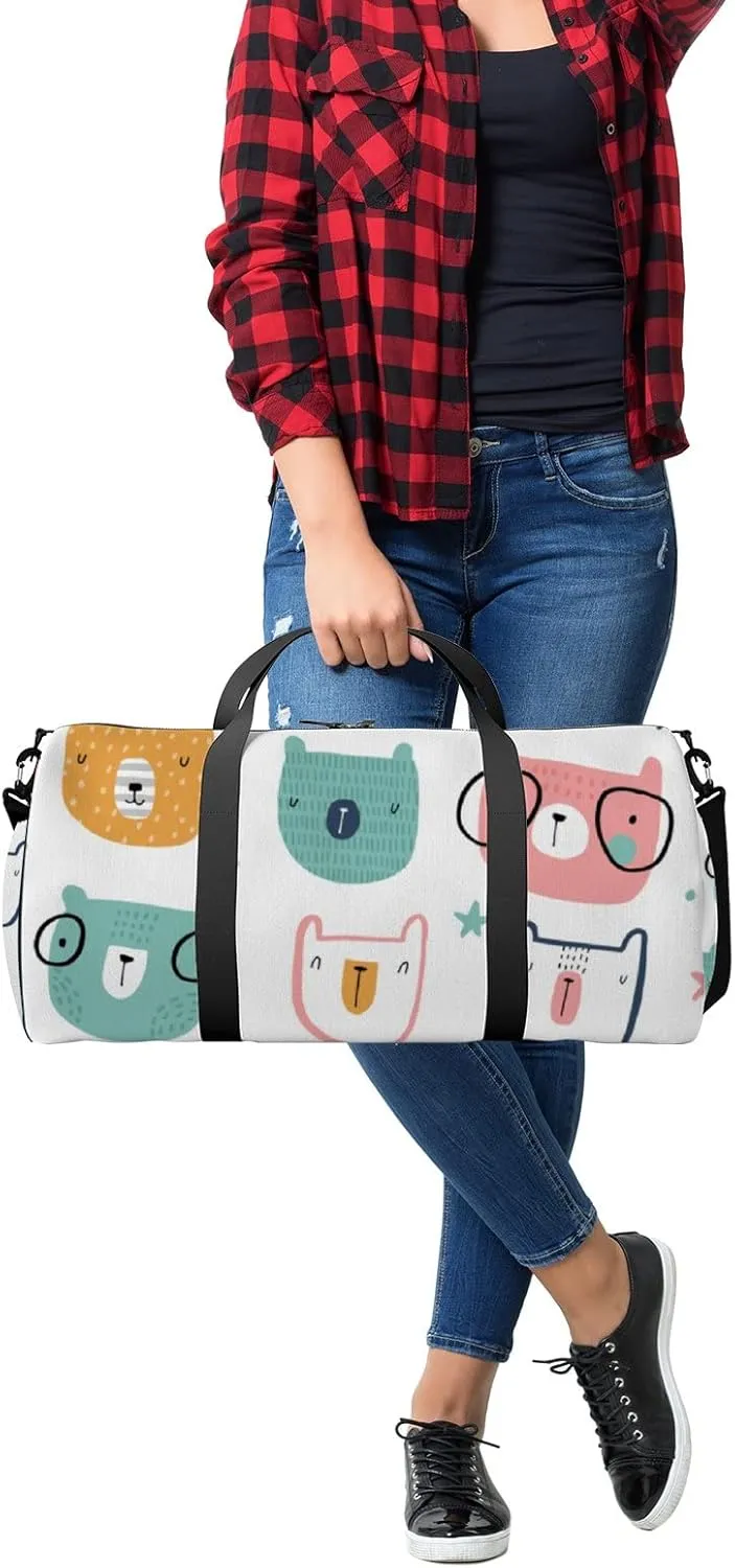 Gym Bag Sports Travel Bag Funny Bears Glassess Pink Yellow Blue Weekender Bags with 2 Side Pocket Lightweight Waterproof Polyester Tote Bag for Swimming Yoga Women Men 9x17.6inch