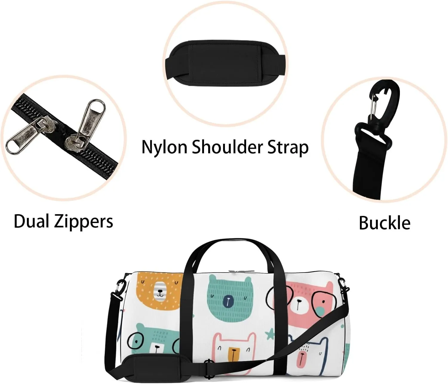 Gym Bag Sports Travel Bag Funny Bears Glassess Pink Yellow Blue Weekender Bags with 2 Side Pocket Lightweight Waterproof Polyester Tote Bag for Swimming Yoga Women Men 9x17.6inch