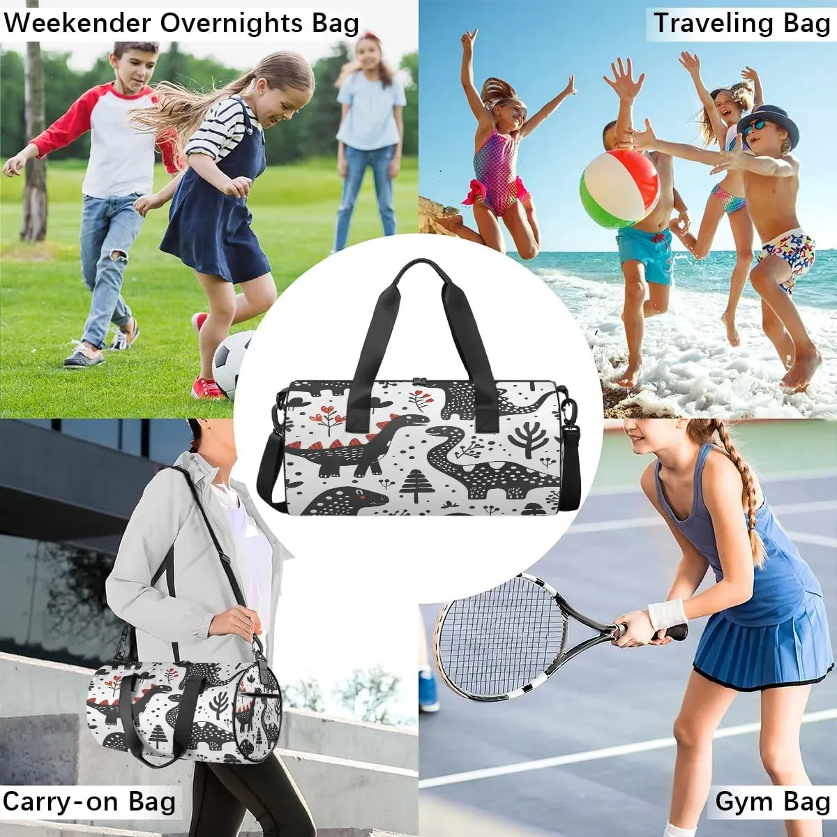 Gym Bags for Men Women Black Dinosaurs Sports Duffel Bags Carry On Travel Duffle Bag with Detachable Adjustable Shoulder Strap Overnight Weekender Bag