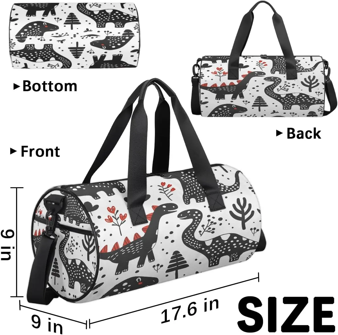 Gym Bags for Men Women Black Dinosaurs Sports Duffel Bags Carry On Travel Duffle Bag with Detachable Adjustable Shoulder Strap Overnight Weekender Bag