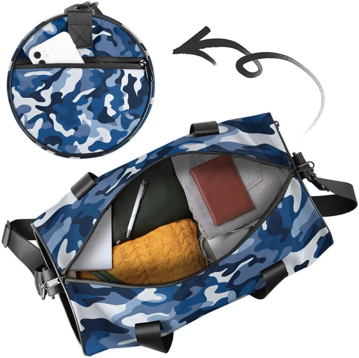 Gym Bags for Men Women Blue Camo Sports Duffel Bags Carry On Travel Duffle Bag with Detachable Adjustable Shoulder Strap Overnight Weekender Bag