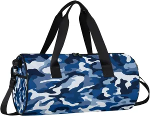 Gym Bags for Men Women Blue Camo Sports Duffel Bags Carry On Travel Duffle Bag with Detachable Adjustable Shoulder Strap Overnight Weekender Bag