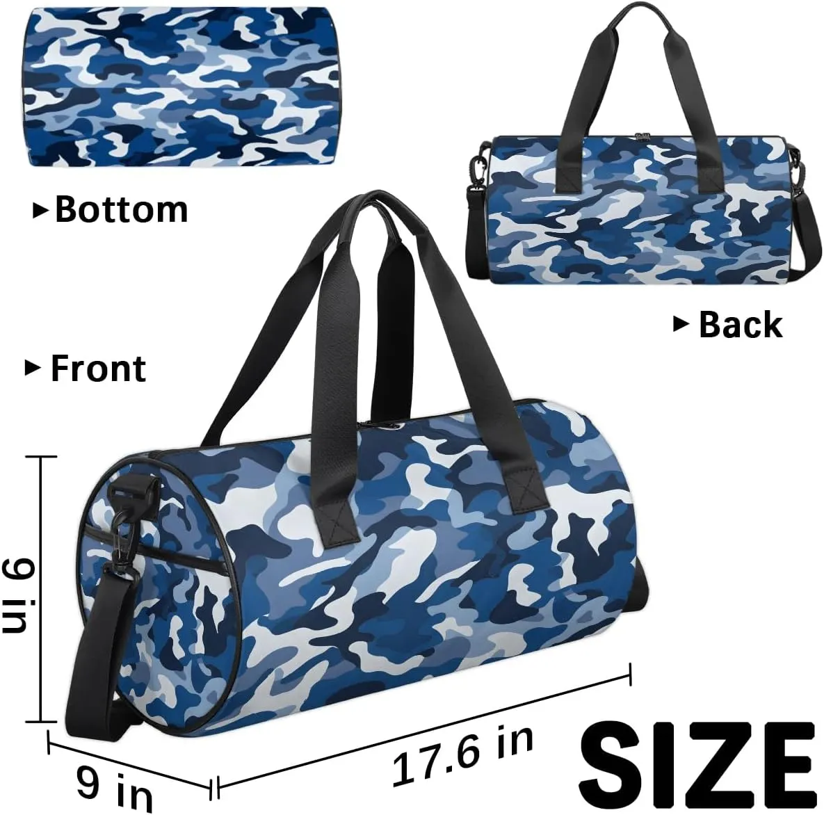 Gym Bags for Men Women Blue Camo Sports Duffel Bags Carry On Travel Duffle Bag with Detachable Adjustable Shoulder Strap Overnight Weekender Bag