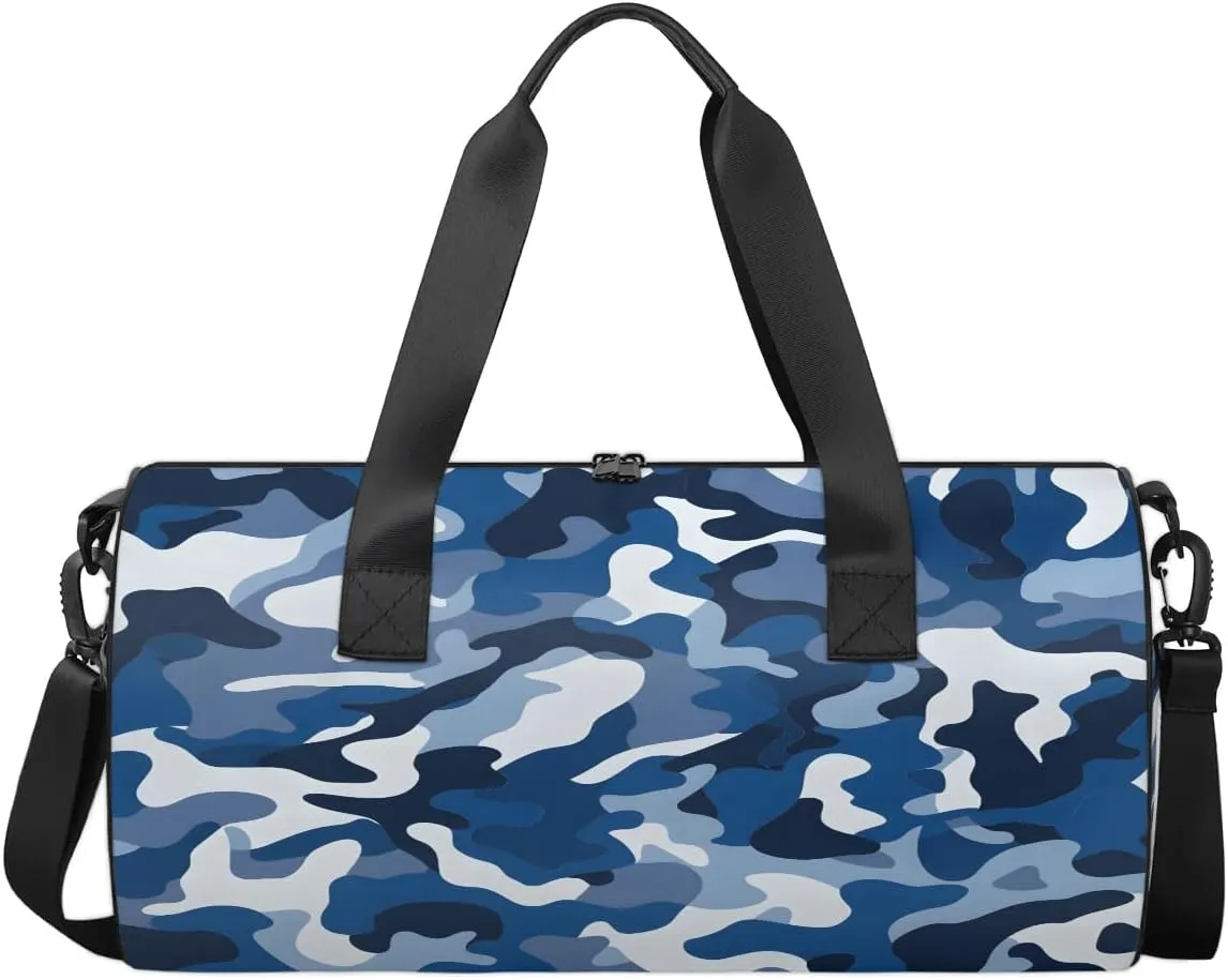 Gym Bags for Men Women Blue Camo Sports Duffel Bags Carry On Travel Duffle Bag with Detachable Adjustable Shoulder Strap Overnight Weekender Bag