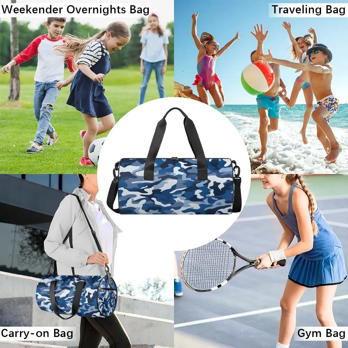 Gym Bags for Men Women Blue Camo Sports Duffel Bags Carry On Travel Duffle Bag with Detachable Adjustable Shoulder Strap Overnight Weekender Bag