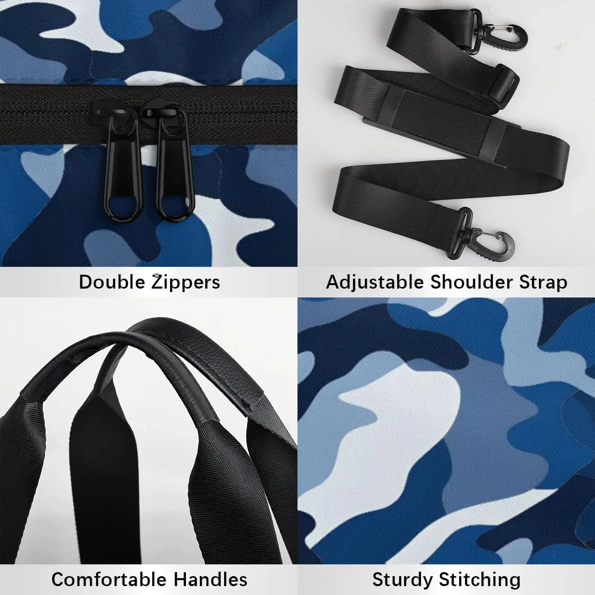 Gym Bags for Men Women Blue Camo Sports Duffel Bags Carry On Travel Duffle Bag with Detachable Adjustable Shoulder Strap Overnight Weekender Bag