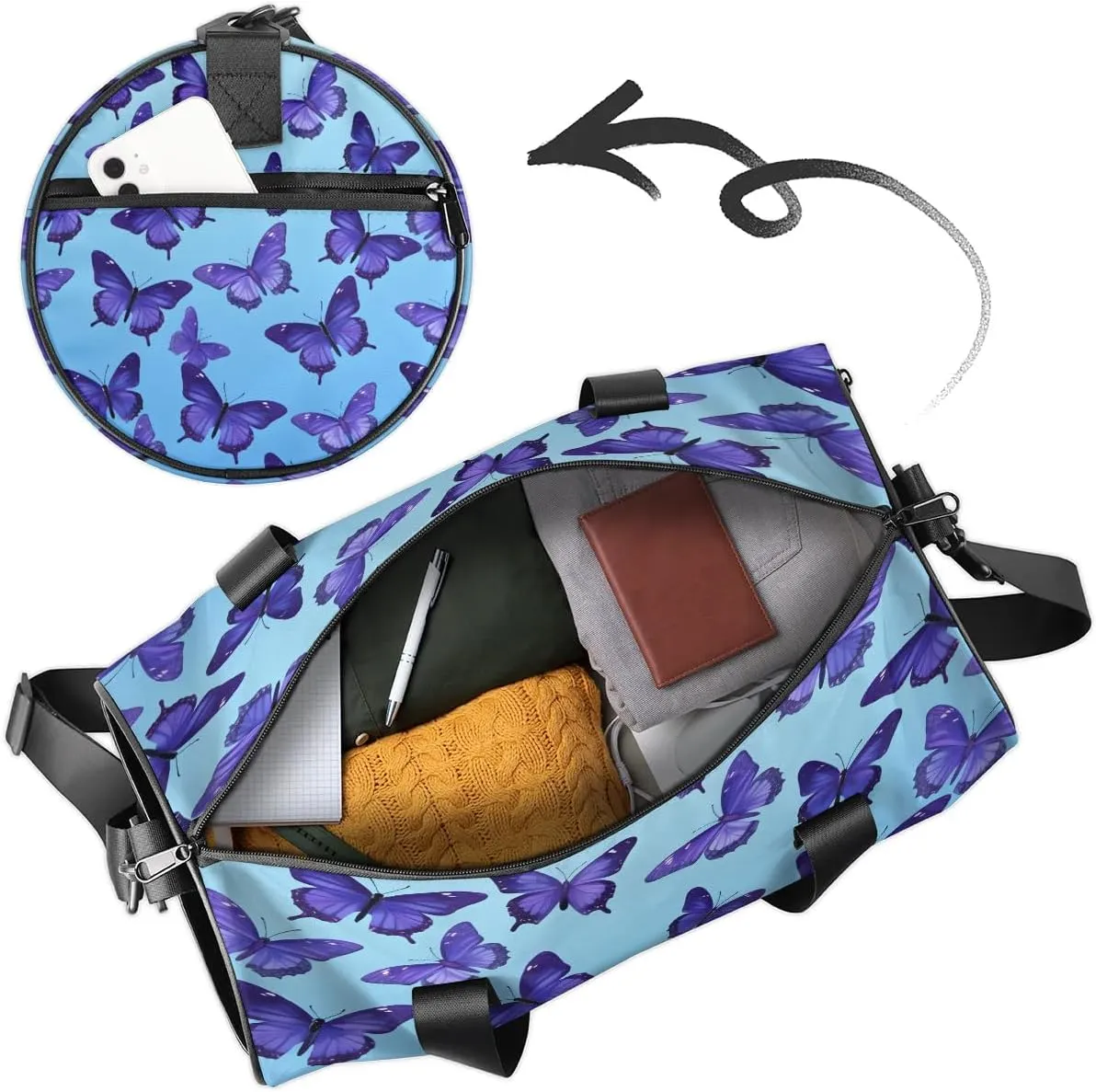 Gym Bags for Men Women Butterflies Design Sports Duffel Bags Carry On Travel Duffle Bag with Detachable Adjustable Shoulder Strap Overnight Weekender Bag