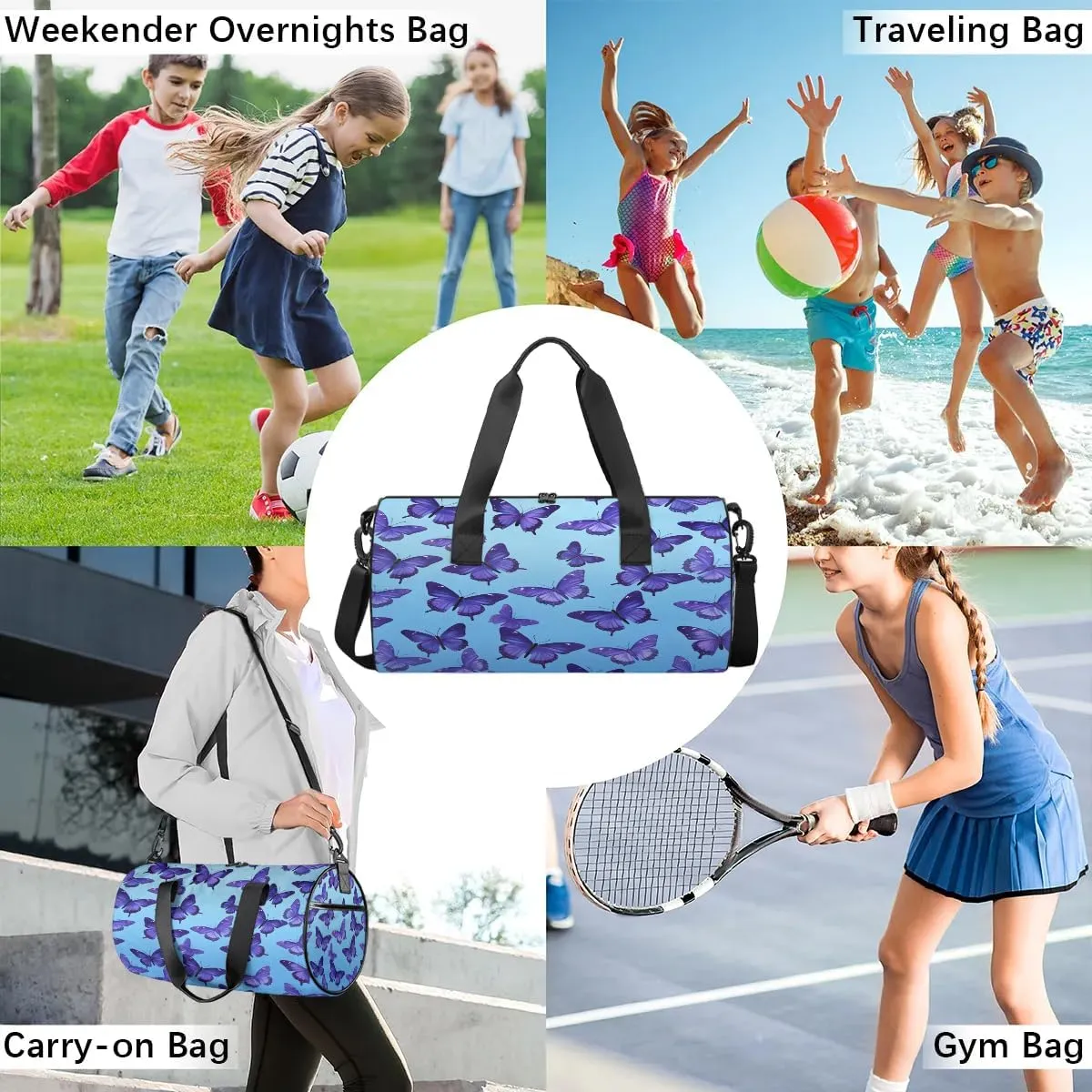 Gym Bags for Men Women Butterflies Design Sports Duffel Bags Carry On Travel Duffle Bag with Detachable Adjustable Shoulder Strap Overnight Weekender Bag