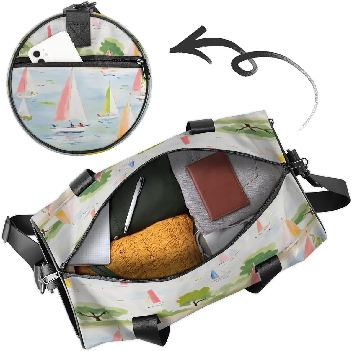 Gym Bags for Men Women Cartoon Sailboat Sports Duffel Bags Carry On Travel Duffle Bag with Detachable Adjustable Shoulder Strap Overnight Weekender Bag