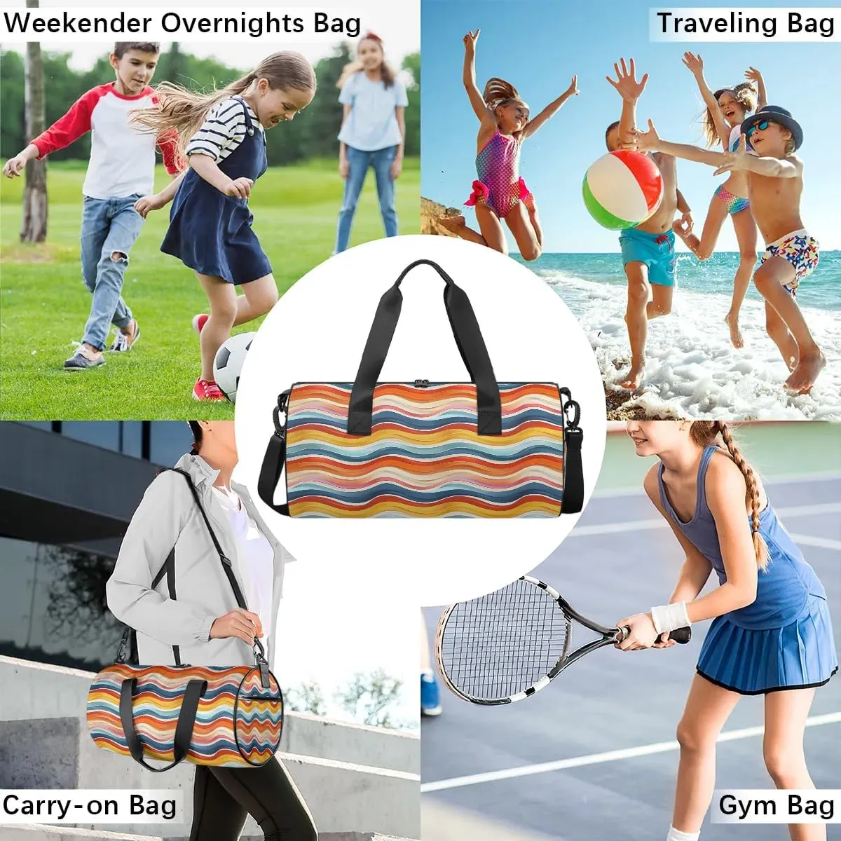 Gym Bags for Men Women Colorful Wavy Line Sports Duffel Bags Carry On Travel Duffle Bag with Detachable Adjustable Shoulder Strap Overnight Weekender Bag