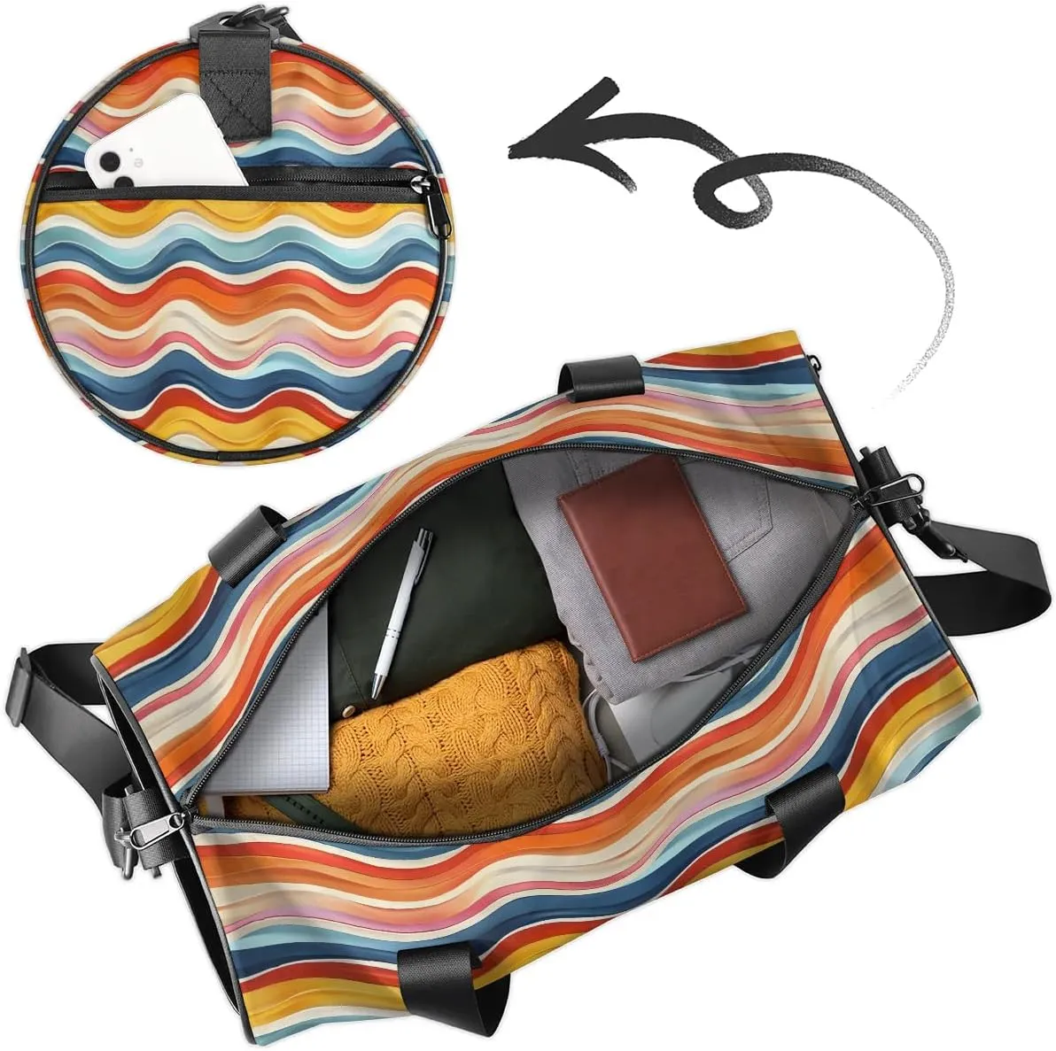 Gym Bags for Men Women Colorful Wavy Line Sports Duffel Bags Carry On Travel Duffle Bag with Detachable Adjustable Shoulder Strap Overnight Weekender Bag