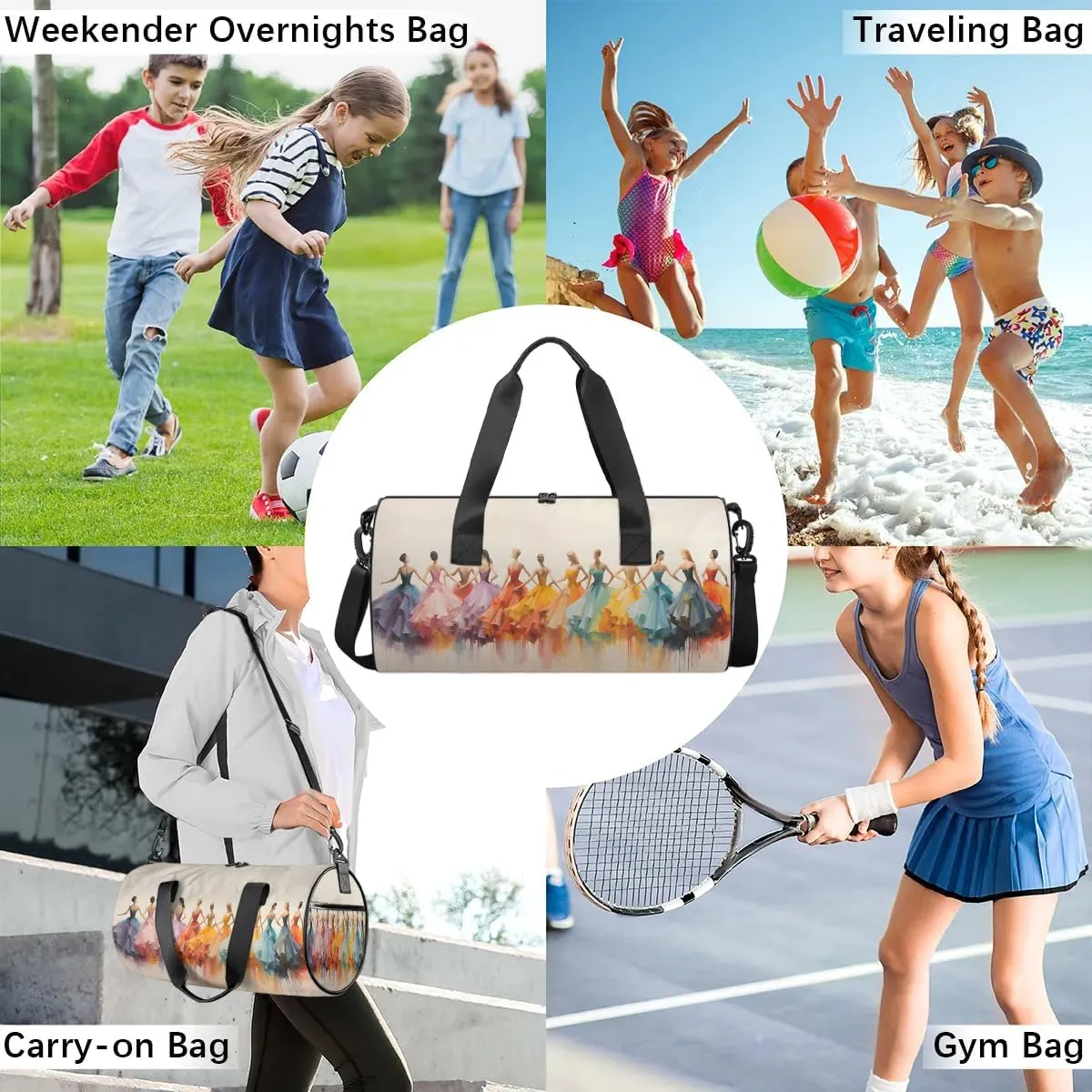 Gym Bags for Men Women Elegant Ballet Dancers Sports Duffel Bags Carry On Travel Duffle Bag with Detachable Adjustable Shoulder Strap Overnight Weekender Bag