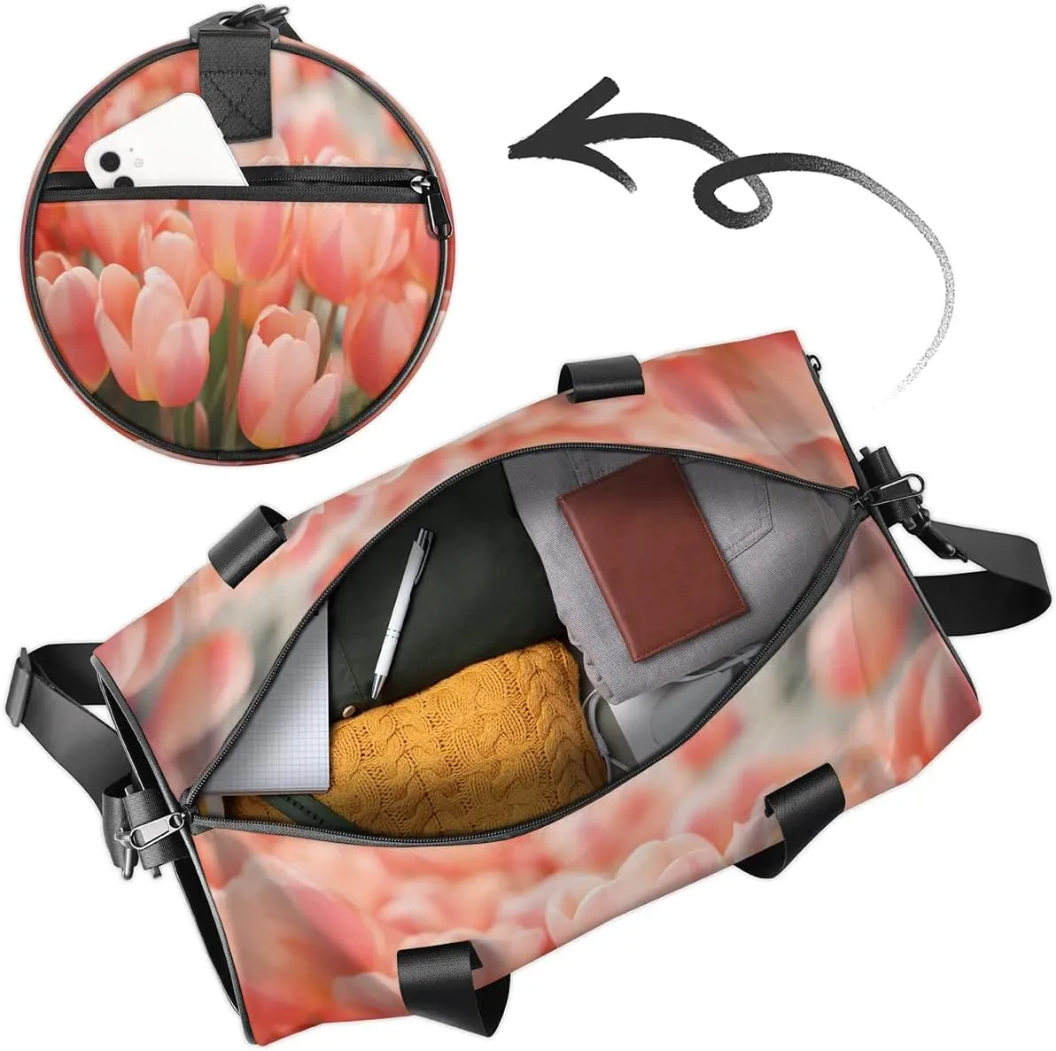 Gym Bags for Men Women Fresh Tulip Sports Duffel Bags Carry On Travel Duffle Bag with Detachable Adjustable Shoulder Strap Overnight Weekender Bag
