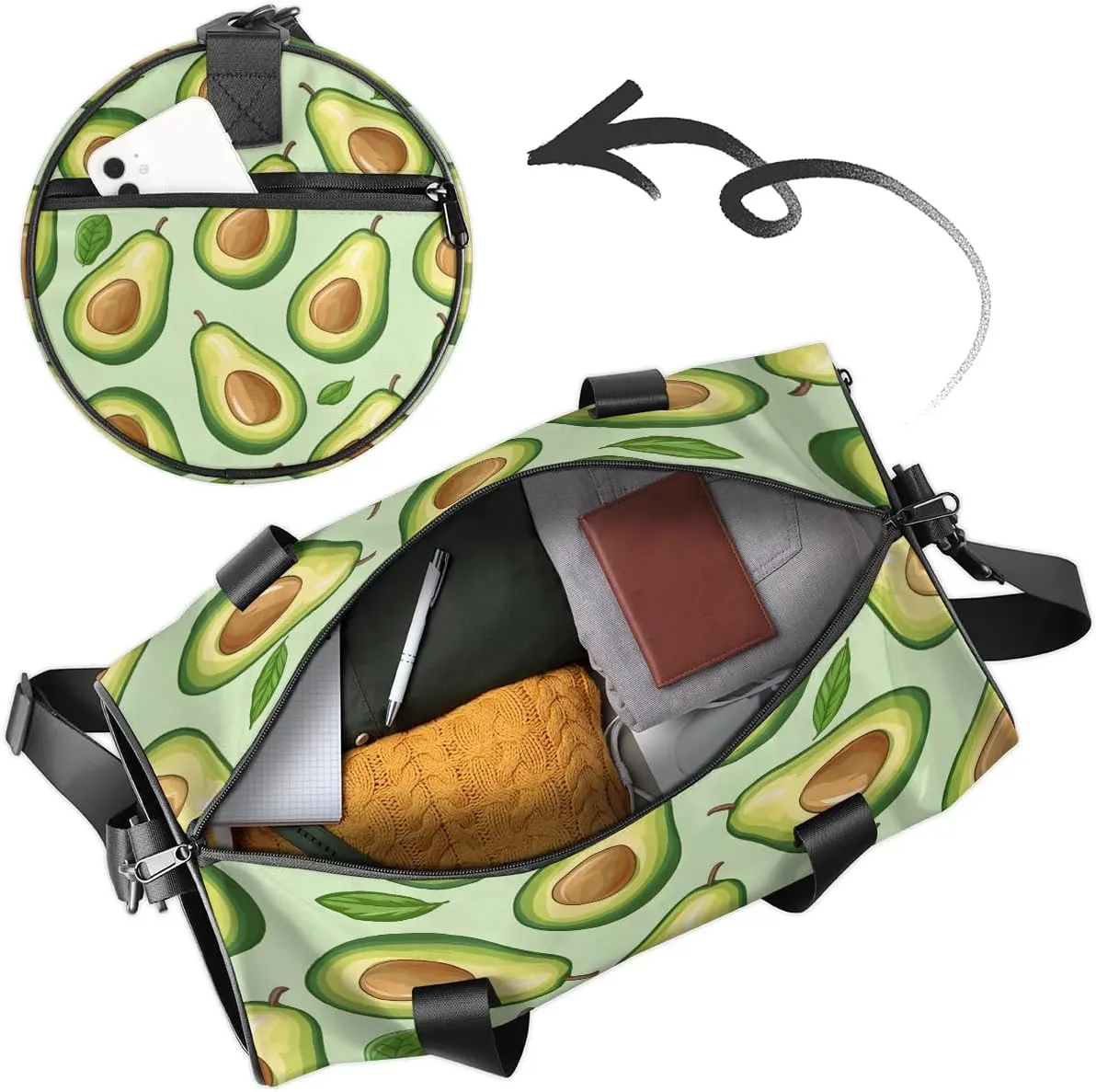 Gym Bags for Men Women Fruit Avocado Sports Duffel Bags Carry On Travel Duffle Bag with Detachable Adjustable Shoulder Strap Overnight Weekender Bag