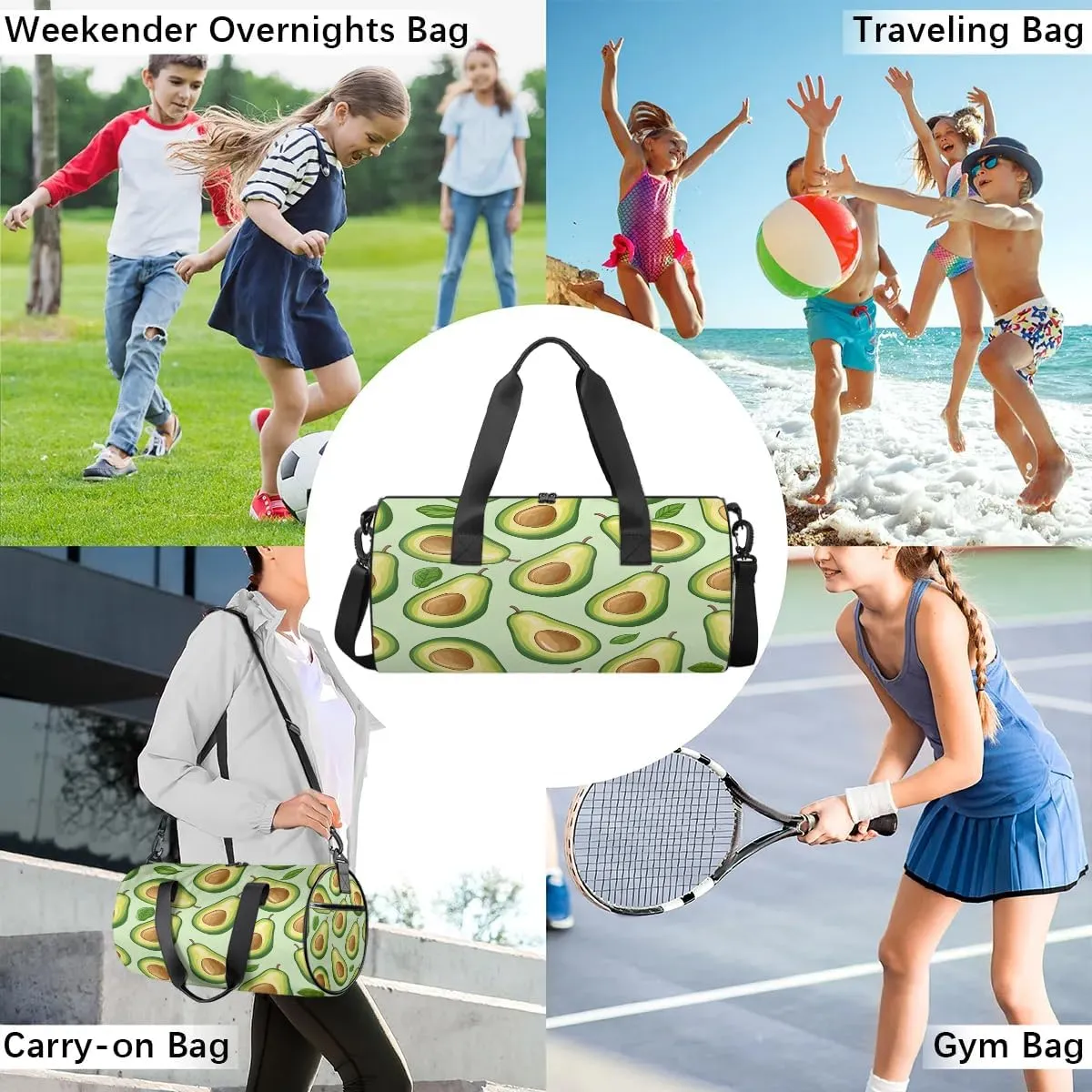 Gym Bags for Men Women Fruit Avocado Sports Duffel Bags Carry On Travel Duffle Bag with Detachable Adjustable Shoulder Strap Overnight Weekender Bag