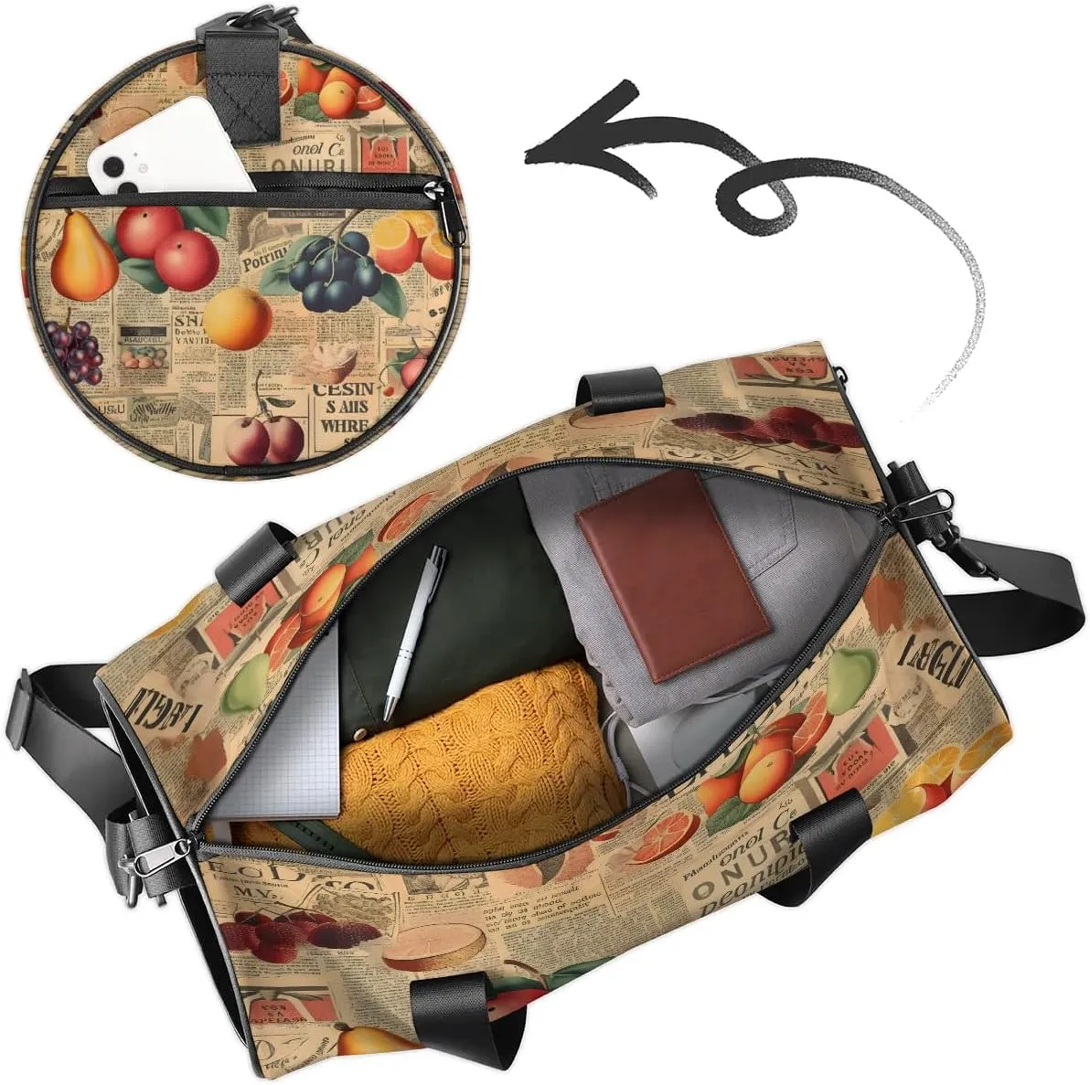 Gym Bags for Men Women Fruits Poster Sports Duffel Bags Carry On Travel Duffle Bag with Detachable Adjustable Shoulder Strap Overnight Weekender Bag