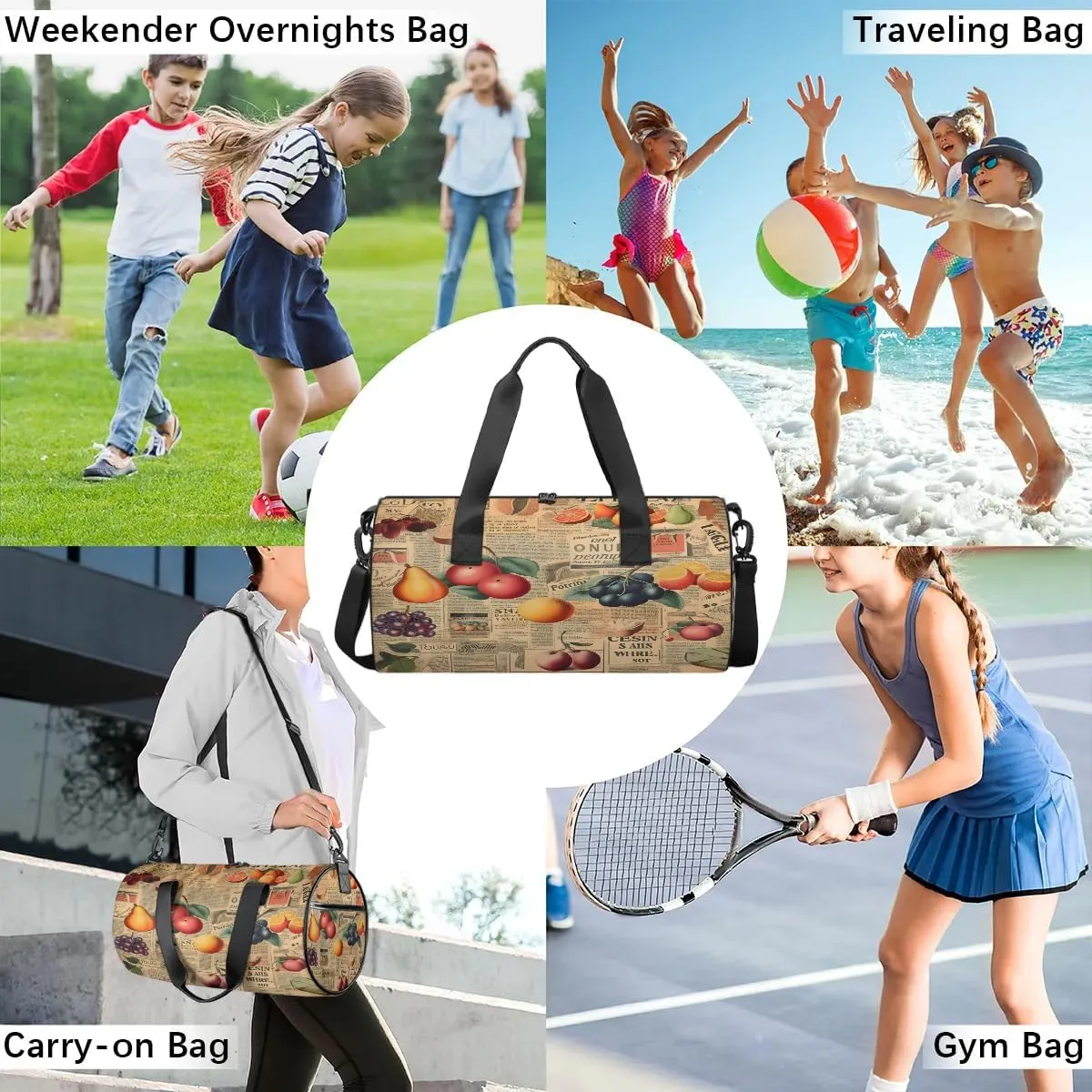 Gym Bags for Men Women Fruits Poster Sports Duffel Bags Carry On Travel Duffle Bag with Detachable Adjustable Shoulder Strap Overnight Weekender Bag