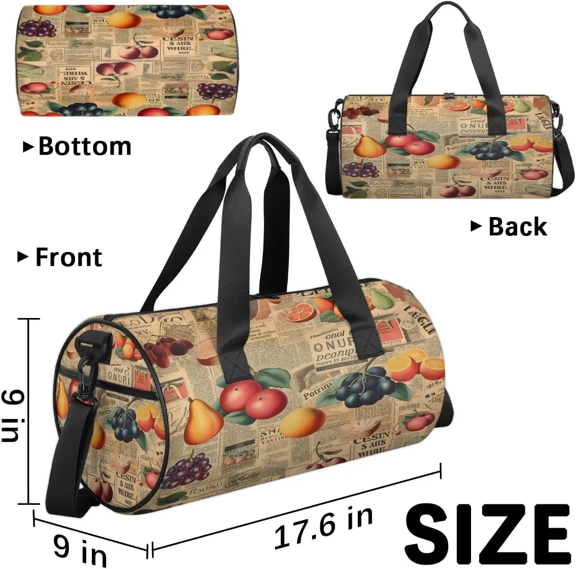 Gym Bags for Men Women Fruits Poster Sports Duffel Bags Carry On Travel Duffle Bag with Detachable Adjustable Shoulder Strap Overnight Weekender Bag