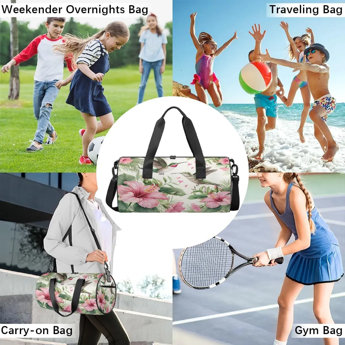 Gym Bags for Men Women Hummingbird Tropical Flowers Sports Duffel Bags Carry On Travel Duffle Bag with Detachable Adjustable Shoulder Strap Overnight Weekender Bag