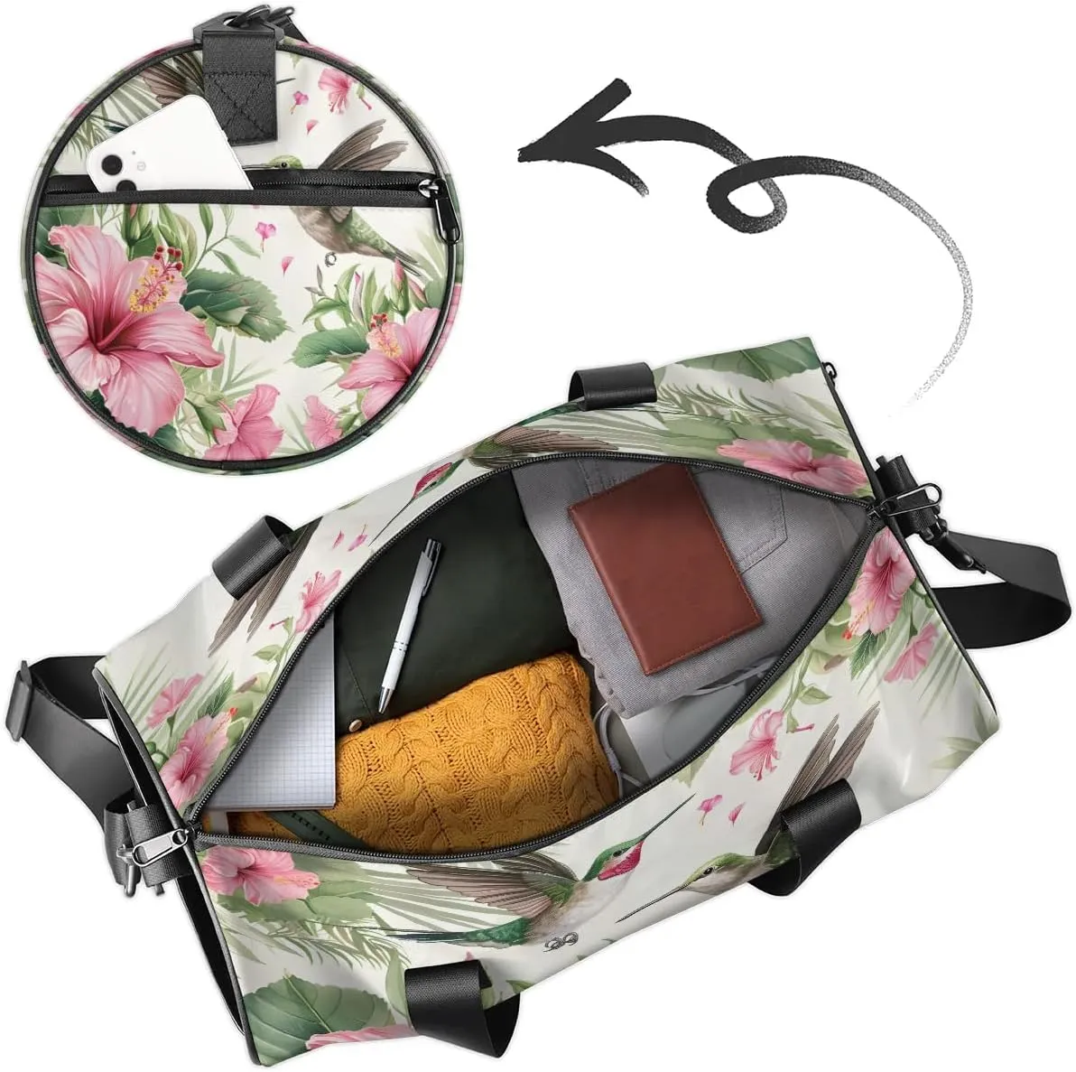 Gym Bags for Men Women Hummingbird Tropical Flowers Sports Duffel Bags Carry On Travel Duffle Bag with Detachable Adjustable Shoulder Strap Overnight Weekender Bag