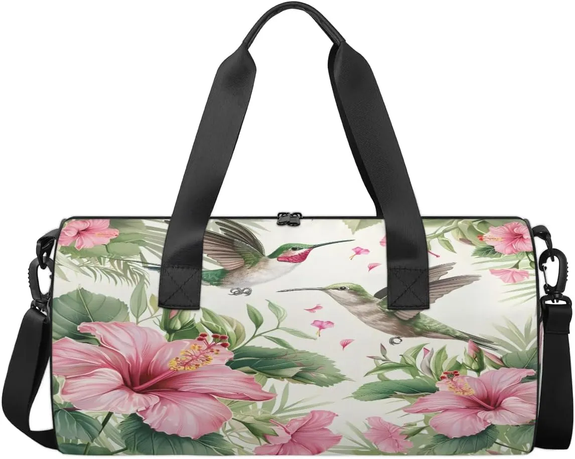 Gym Bags for Men Women Hummingbird Tropical Flowers Sports Duffel Bags Carry On Travel Duffle Bag with Detachable Adjustable Shoulder Strap Overnight Weekender Bag
