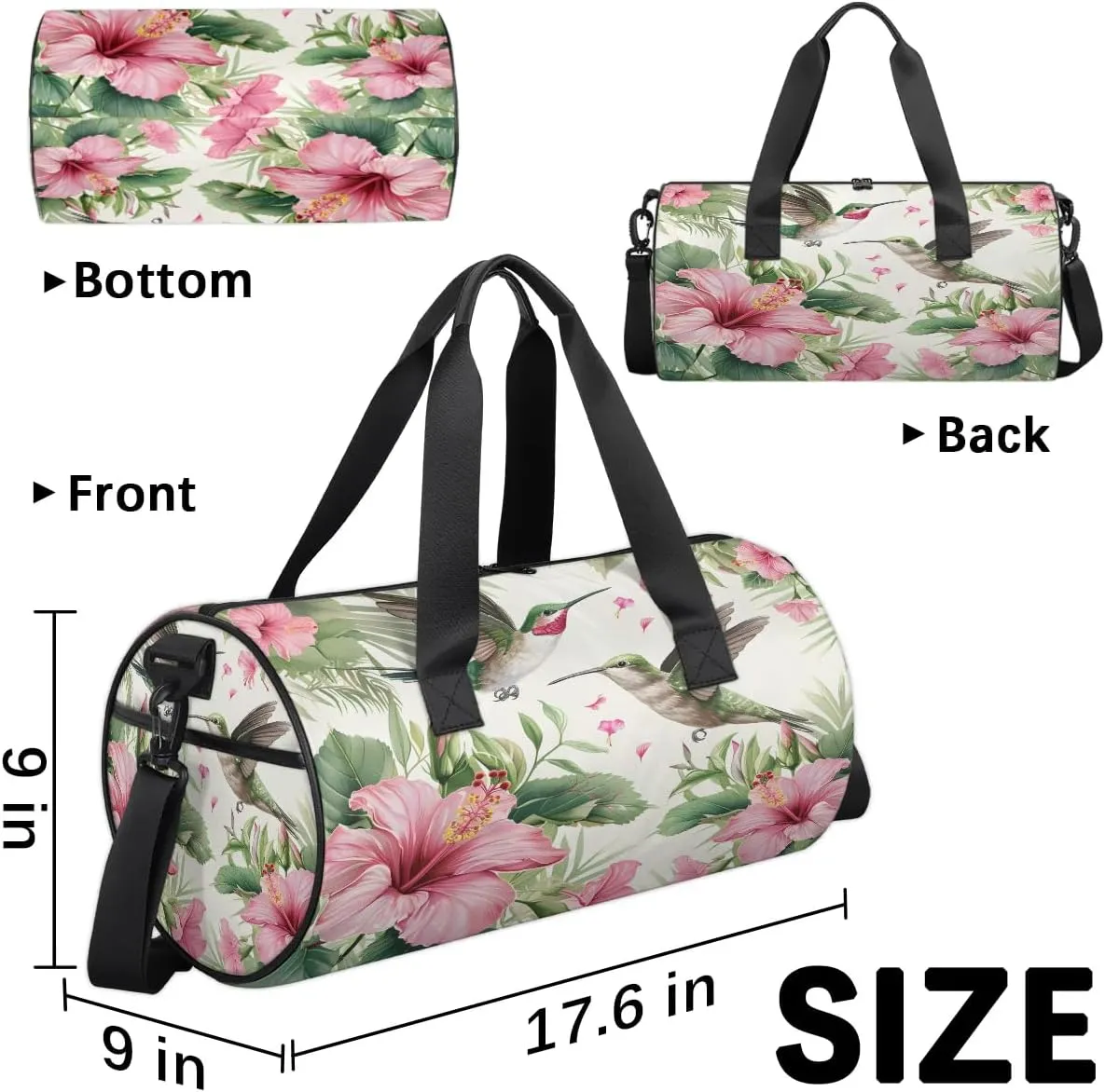 Gym Bags for Men Women Hummingbird Tropical Flowers Sports Duffel Bags Carry On Travel Duffle Bag with Detachable Adjustable Shoulder Strap Overnight Weekender Bag