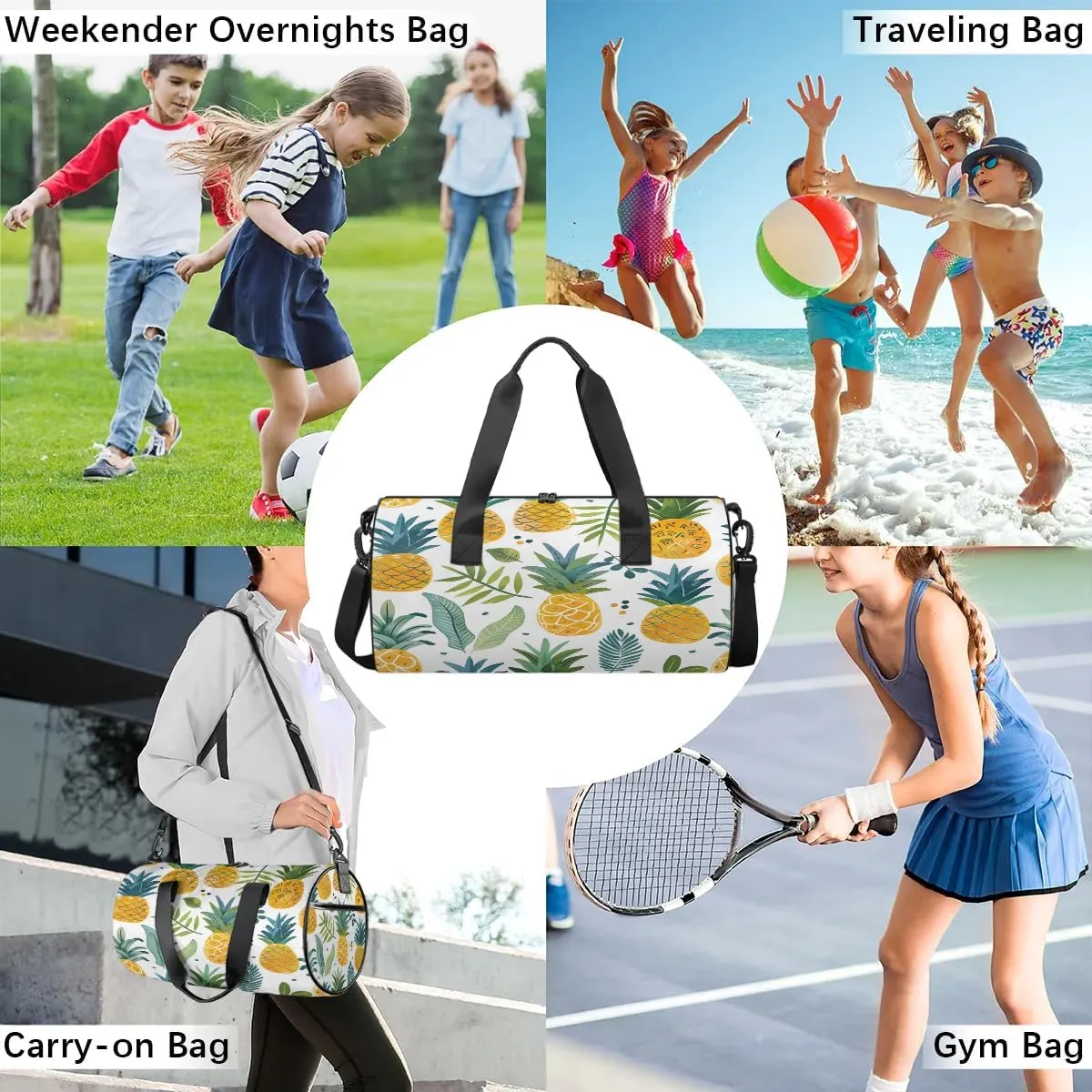 Gym Bags for Men Women Leaves Pineapple Sports Duffel Bags Carry On Travel Duffle Bag with Detachable Adjustable Shoulder Strap Overnight Weekender Bag
