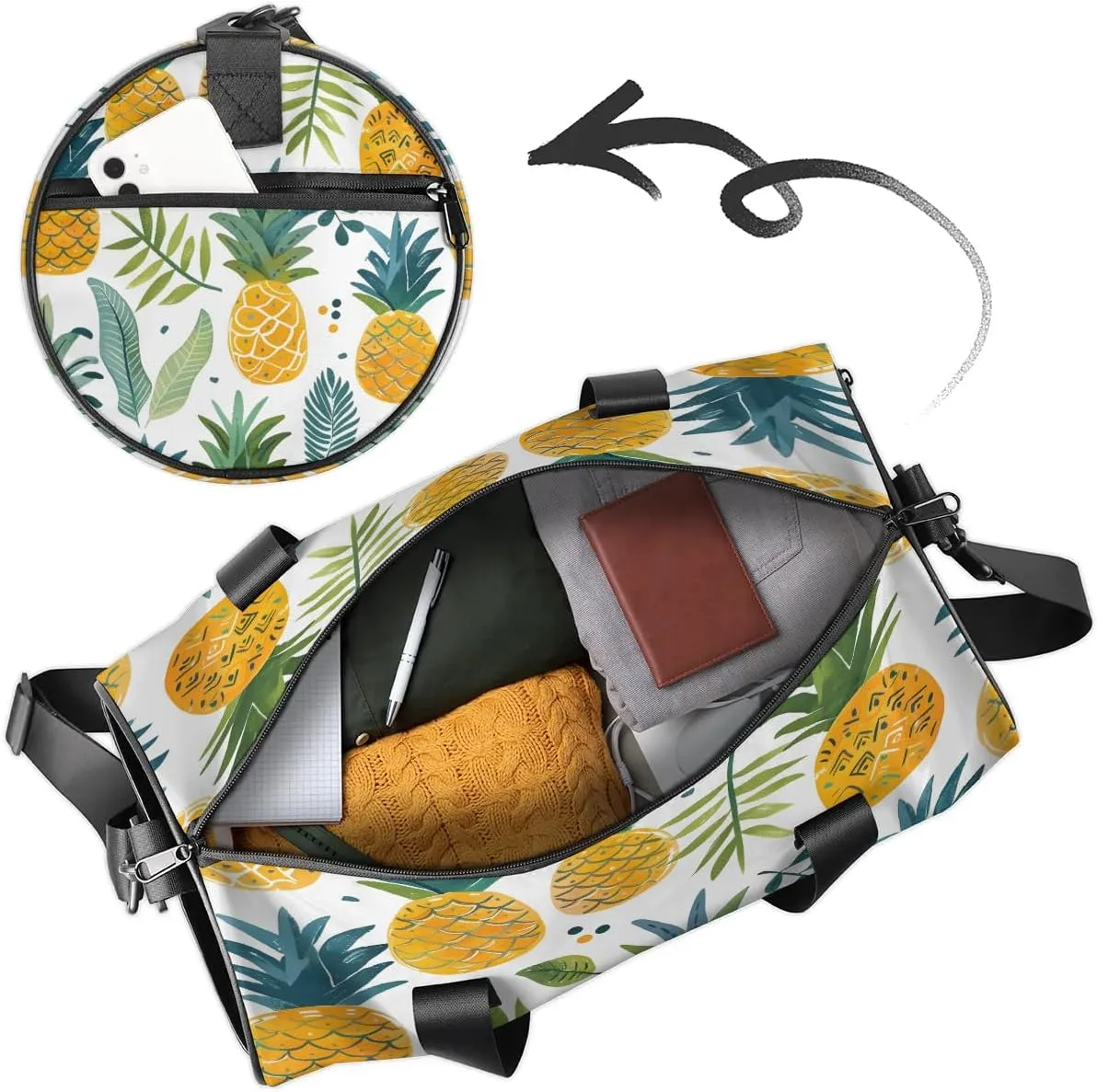 Gym Bags for Men Women Leaves Pineapple Sports Duffel Bags Carry On Travel Duffle Bag with Detachable Adjustable Shoulder Strap Overnight Weekender Bag