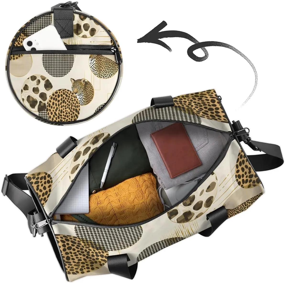 Gym Bags for Men Women Leopard Print Circle Sports Duffel Bags Carry On Travel Duffle Bag with Detachable Adjustable Shoulder Strap Overnight Weekender Bag