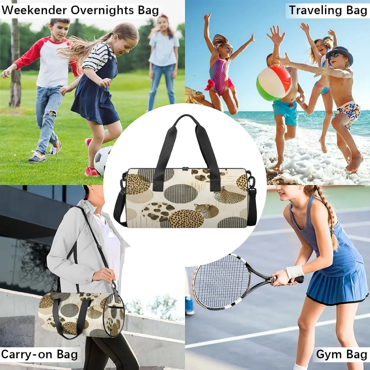 Gym Bags for Men Women Leopard Print Circle Sports Duffel Bags Carry On Travel Duffle Bag with Detachable Adjustable Shoulder Strap Overnight Weekender Bag