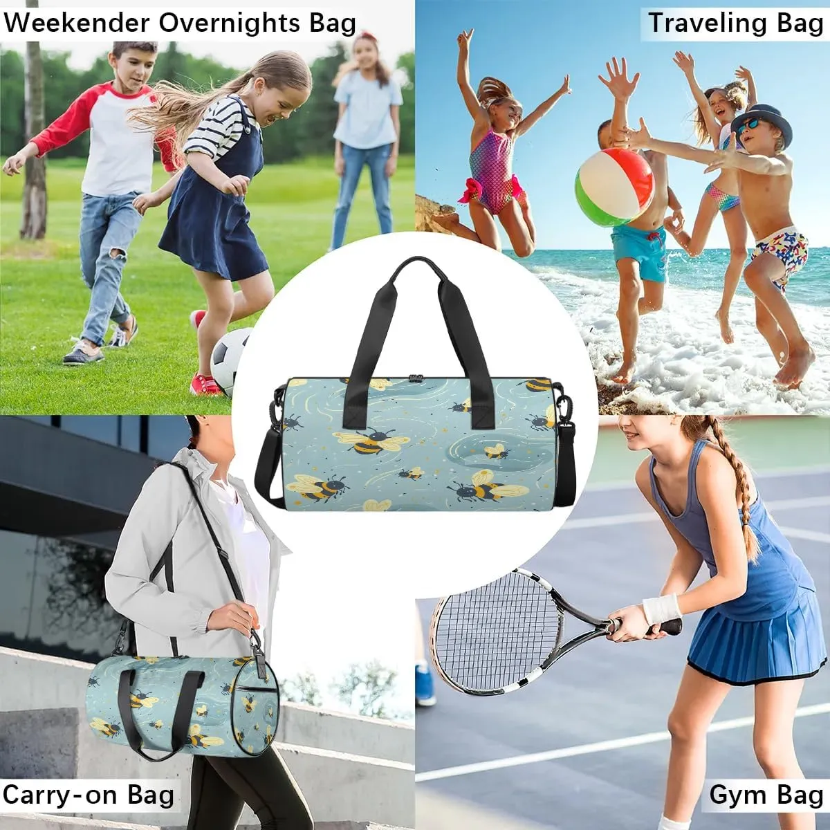 Gym Bags for Men Women Lovely Bees Sports Duffel Bags Carry On Travel Duffle Bag with Detachable Adjustable Shoulder Strap Overnight Weekender Bag