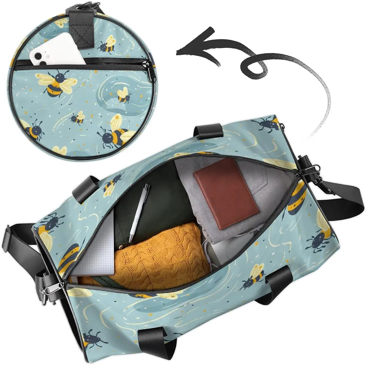 Gym Bags for Men Women Lovely Bees Sports Duffel Bags Carry On Travel Duffle Bag with Detachable Adjustable Shoulder Strap Overnight Weekender Bag