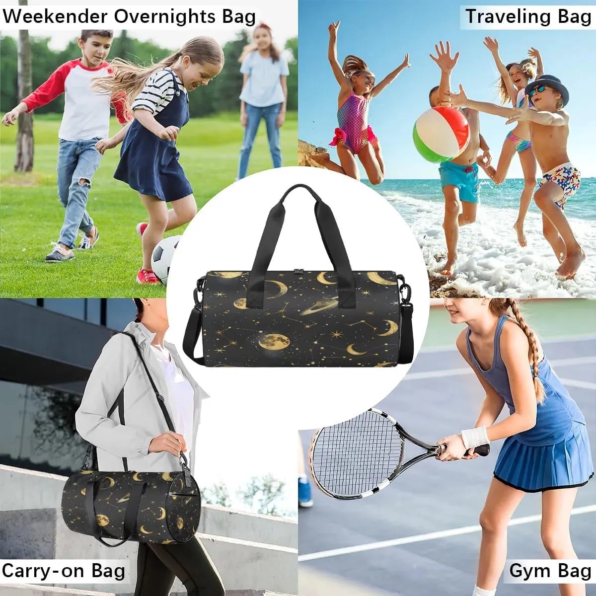 Gym Bags for Men Women Moon Planet Sports Duffel Bags Carry On Travel Duffle Bag with Detachable Adjustable Shoulder Strap Overnight Weekender Bag