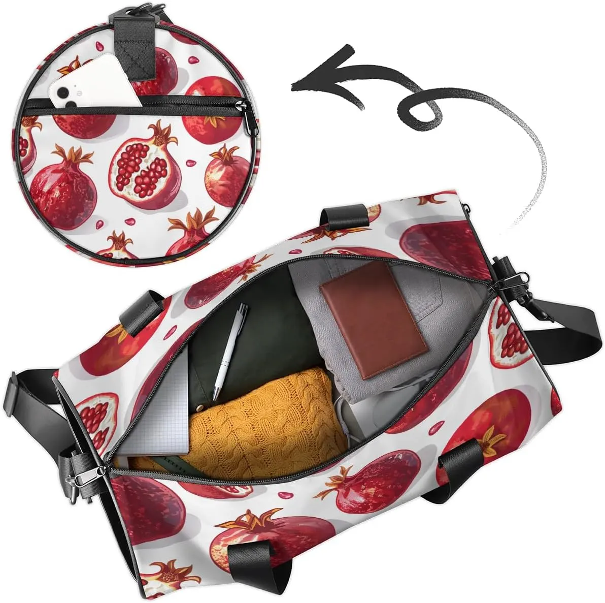 Gym Bags for Men Women Pomegranate Theme Sports Duffel Bags Carry On Travel Duffle Bag with Detachable Adjustable Shoulder Strap Overnight Weekender Bag