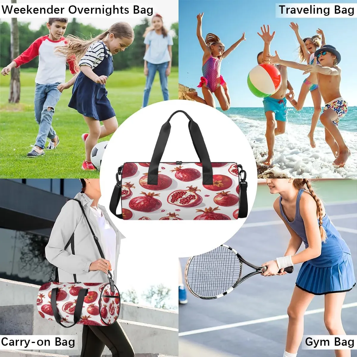 Gym Bags for Men Women Pomegranate Theme Sports Duffel Bags Carry On Travel Duffle Bag with Detachable Adjustable Shoulder Strap Overnight Weekender Bag