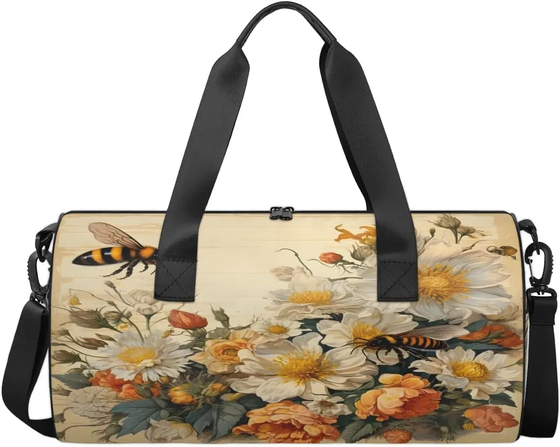 Gym Bags for Men Women Vintage Flowers Bees Sports Duffel Bags Carry On Travel Duffle Bag with Detachable Adjustable Shoulder Strap Overnight Weekender Bag
