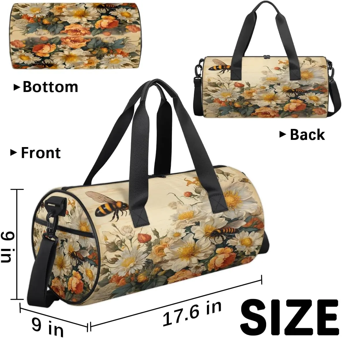 Gym Bags for Men Women Vintage Flowers Bees Sports Duffel Bags Carry On Travel Duffle Bag with Detachable Adjustable Shoulder Strap Overnight Weekender Bag