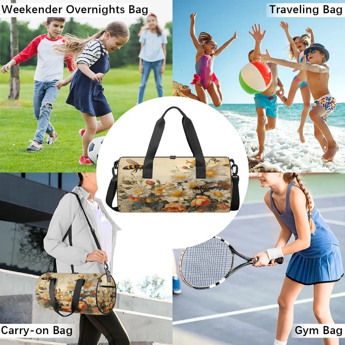 Gym Bags for Men Women Vintage Flowers Bees Sports Duffel Bags Carry On Travel Duffle Bag with Detachable Adjustable Shoulder Strap Overnight Weekender Bag