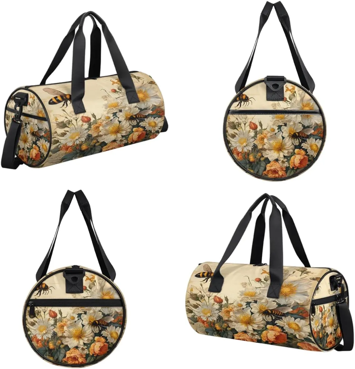 Gym Bags for Men Women Vintage Flowers Bees Sports Duffel Bags Carry On Travel Duffle Bag with Detachable Adjustable Shoulder Strap Overnight Weekender Bag