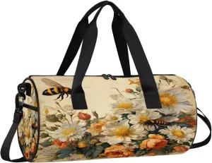 Gym Bags for Men Women Vintage Flowers Bees Sports Duffel Bags Carry On Travel Duffle Bag with Detachable Adjustable Shoulder Strap Overnight Weekender Bag