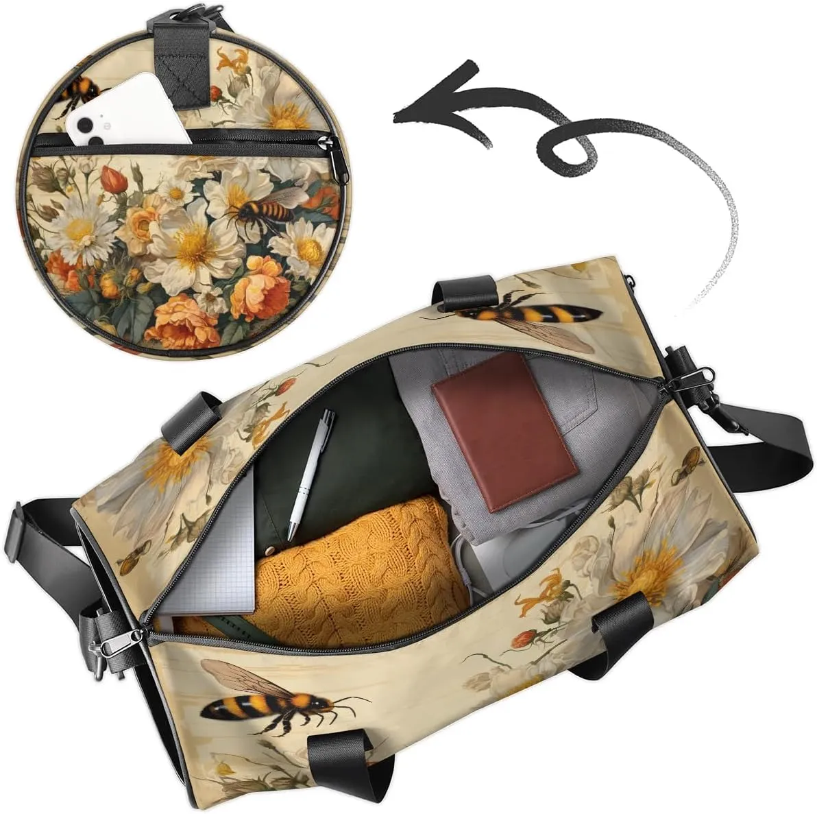 Gym Bags for Men Women Vintage Flowers Bees Sports Duffel Bags Carry On Travel Duffle Bag with Detachable Adjustable Shoulder Strap Overnight Weekender Bag