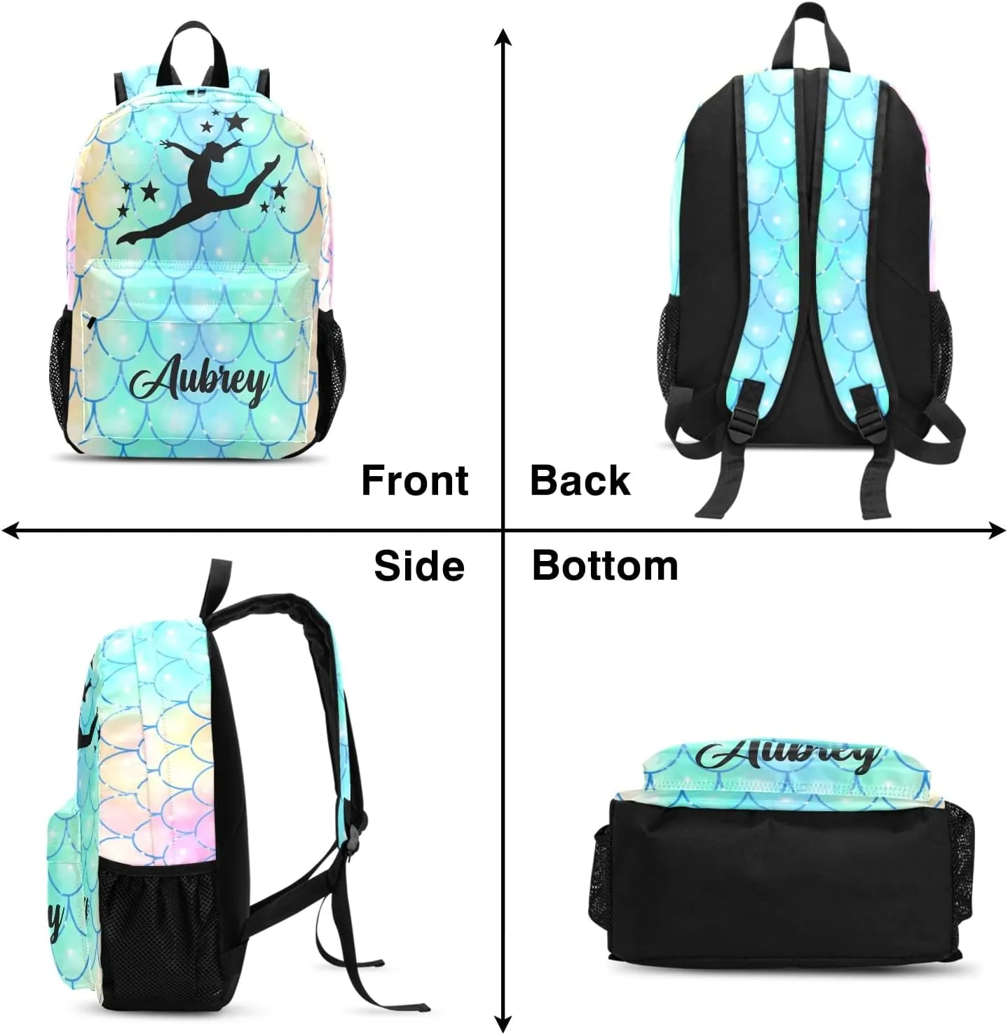 Gymnastic Fish Scale Rainbow Personalized Backpack for Teen Boys Girls,Custom Travel Backpack Bookbag Casual Bag with Name Gift 11.81"(L) x 5.51"(W) x 17.71"(H)