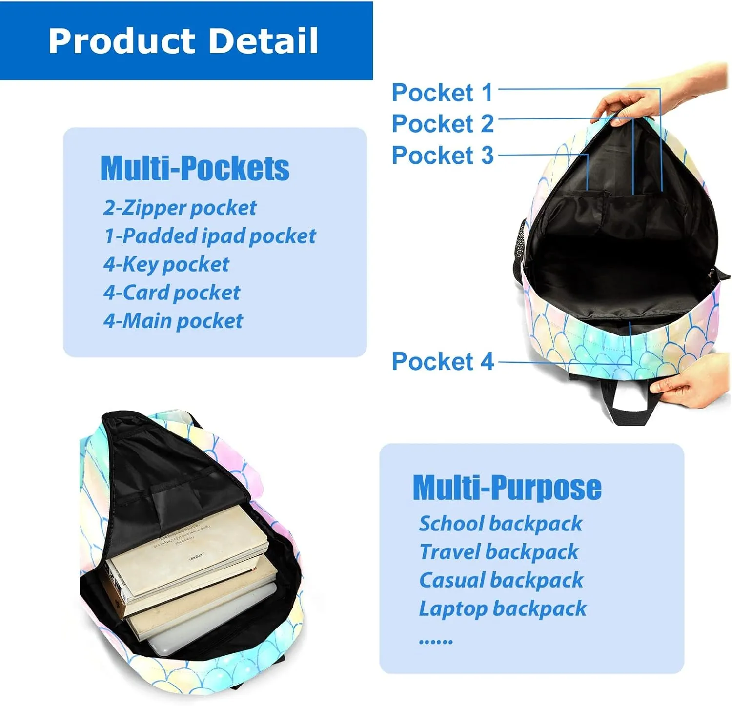 Gymnastic Fish Scale Rainbow Personalized Backpack for Teen Boys Girls,Custom Travel Backpack Bookbag Casual Bag with Name Gift 11.81"(L) x 5.51"(W) x 17.71"(H)
