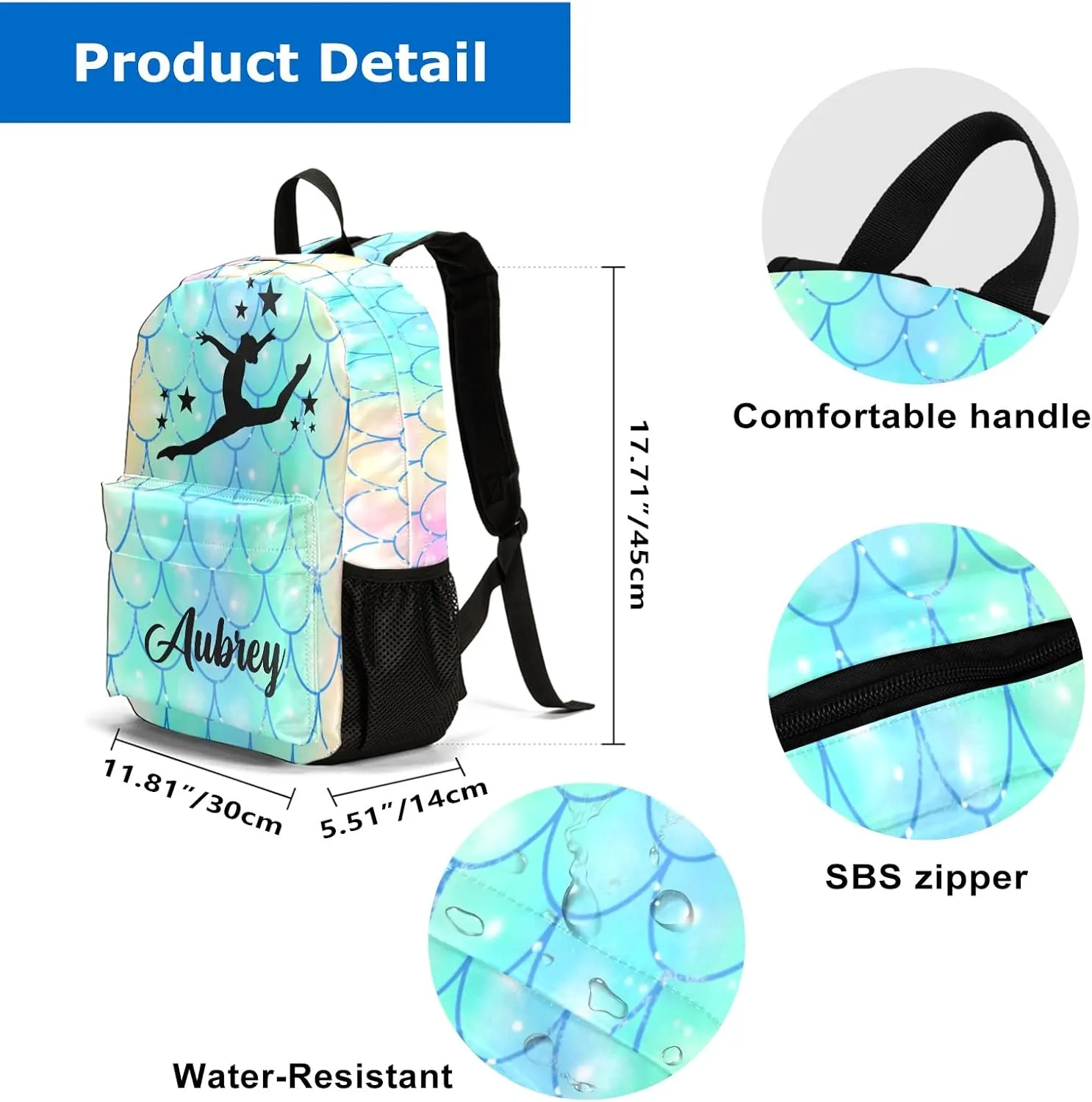 Gymnastic Fish Scale Rainbow Personalized Backpack for Teen Boys Girls,Custom Travel Backpack Bookbag Casual Bag with Name Gift 11.81"(L) x 5.51"(W) x 17.71"(H)