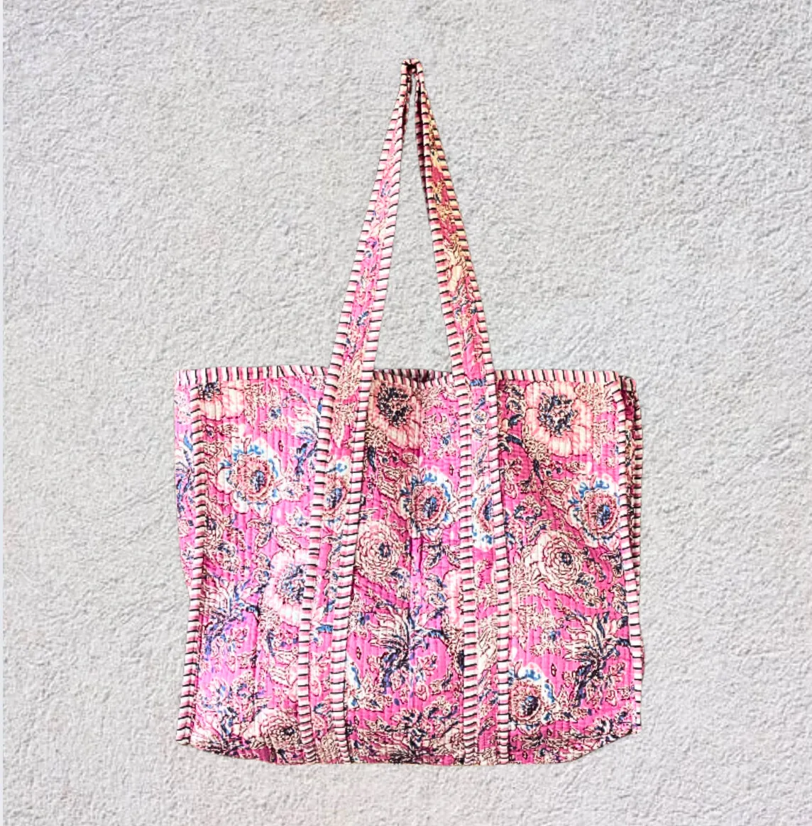 Handmade Boho Cotton Pink Floral Quilted Bags Beach Tote Bag