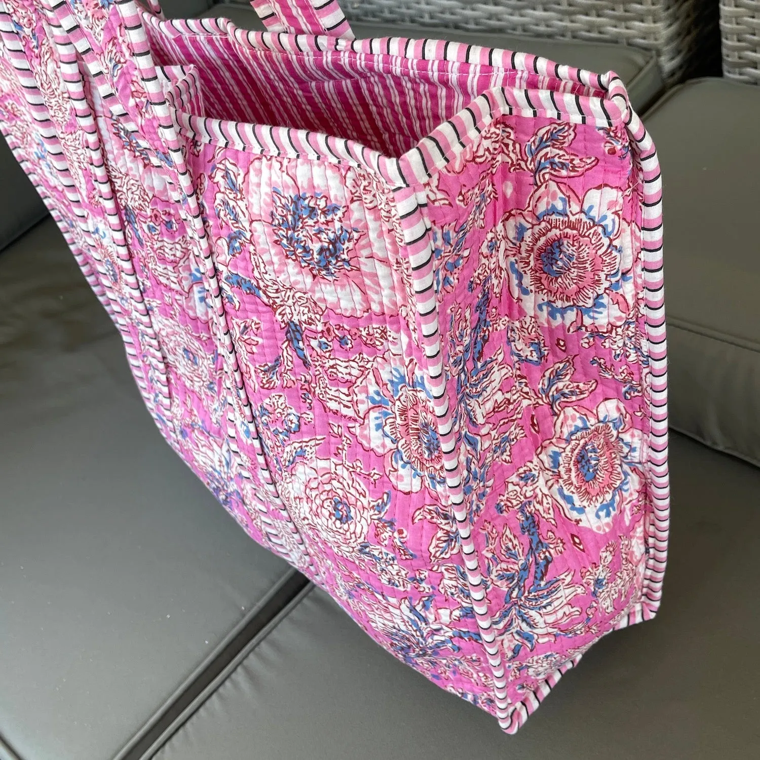 Handmade Boho Cotton Pink Floral Quilted Bags Beach Tote Bag