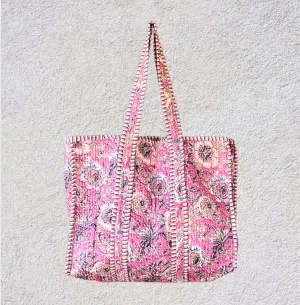 Handmade Boho Cotton Pink Floral Quilted Bags Beach Tote Bag